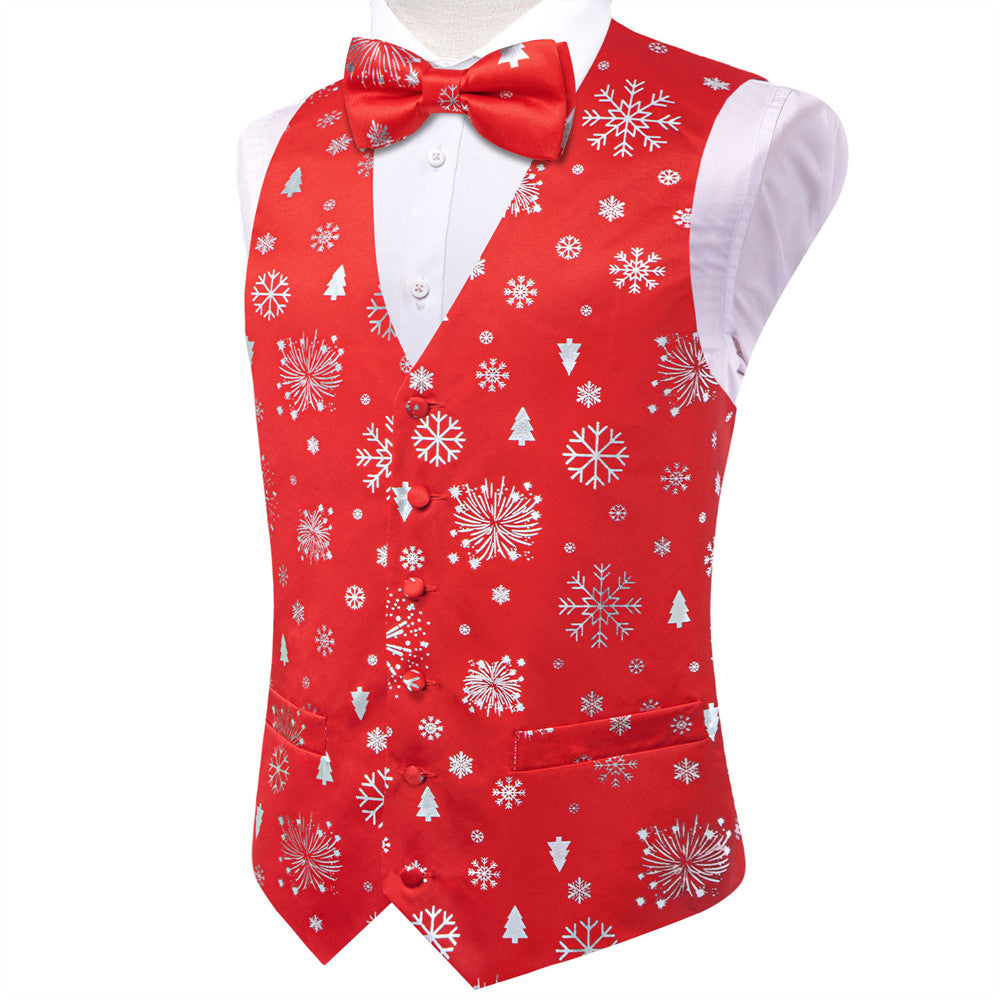 Hi-Tie Red Silver Christmas Elements Vest Necktie Bowtie Set