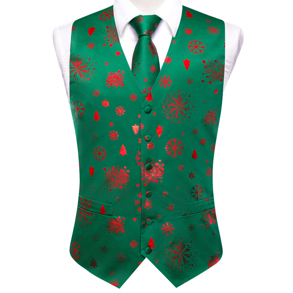 Hi-Tie Green Red Christmas Elements Vest Necktie Bowtie Set