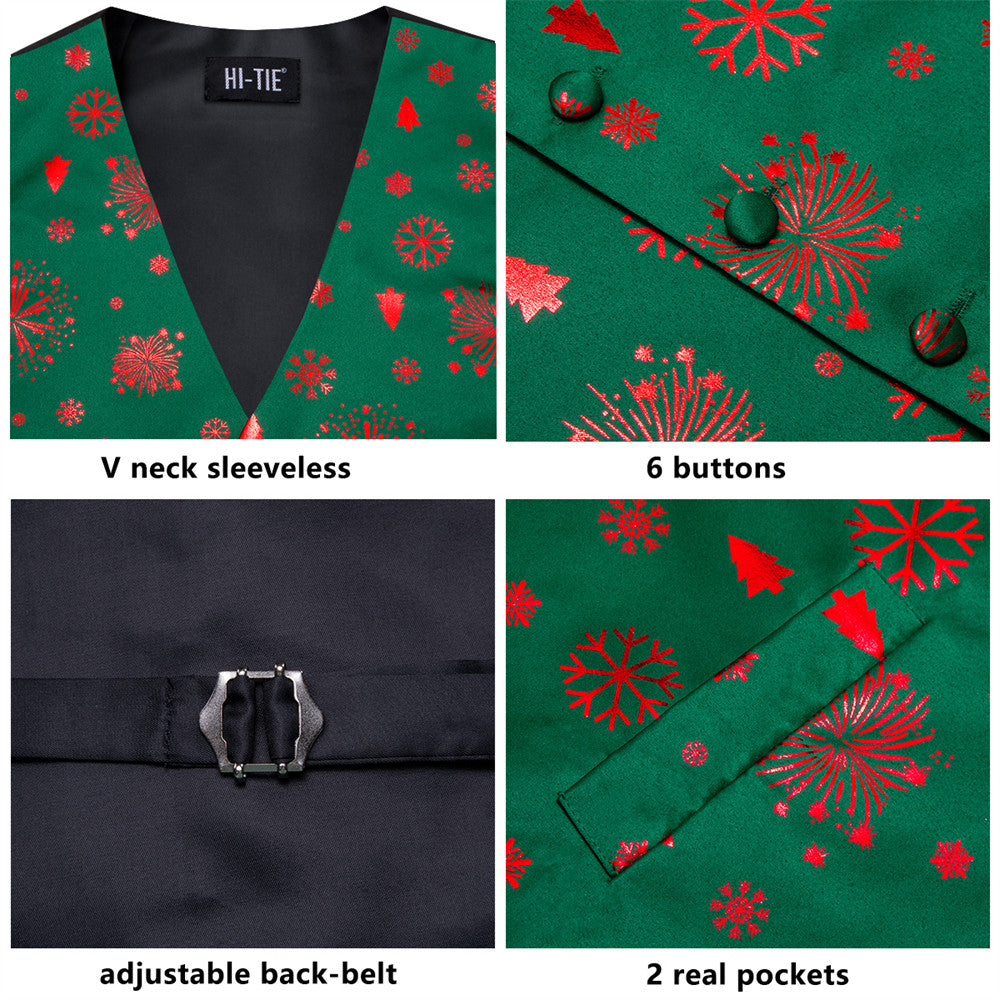 Hi-Tie Green Red Christmas Elements Vest Necktie Bowtie Set