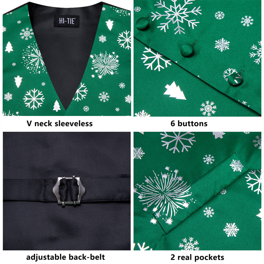 Hi-Tie Green Silver Christmas Elements Vest Necktie Bowtie Set