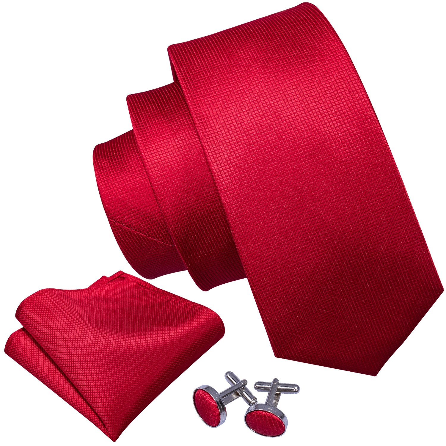 Solid Red Necktie Pocket Square Cufflinks Set for Men