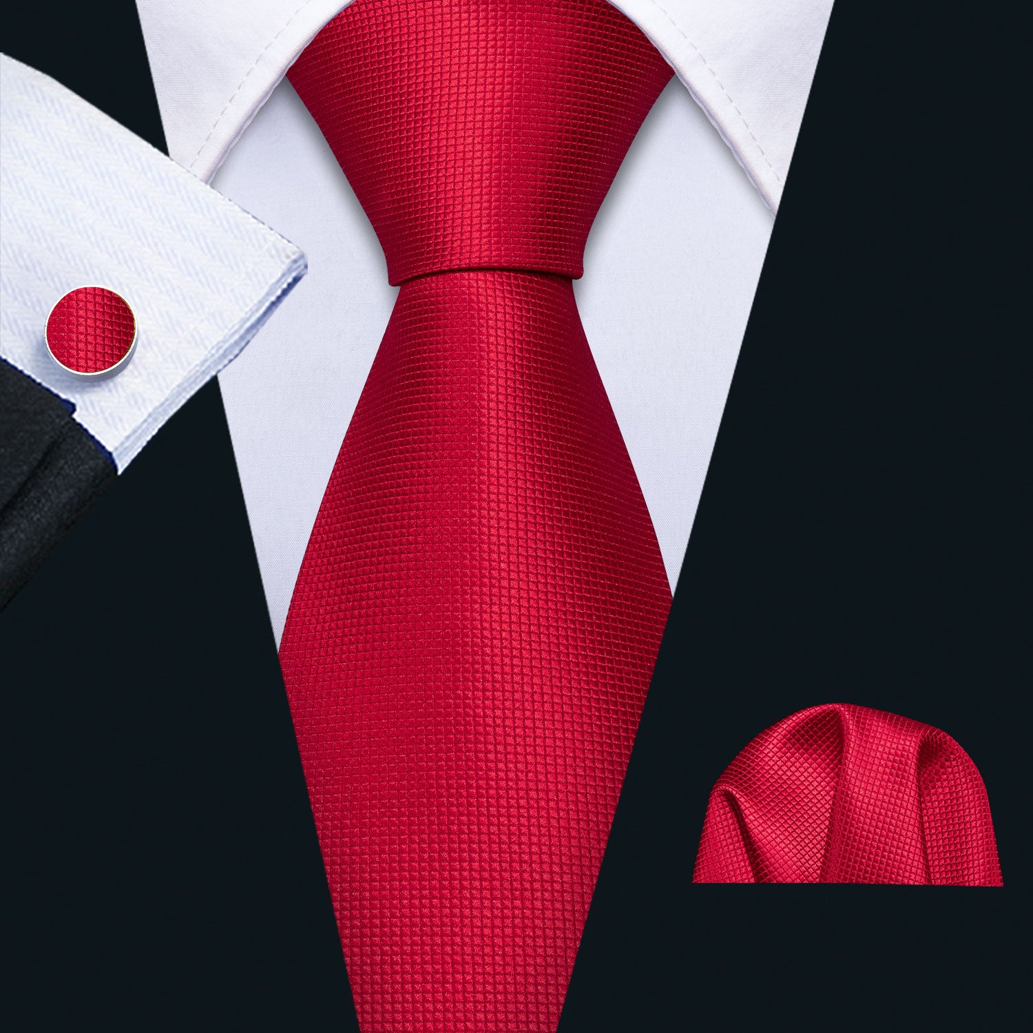 Solid Red Necktie Pocket Square Cufflinks Set for Men