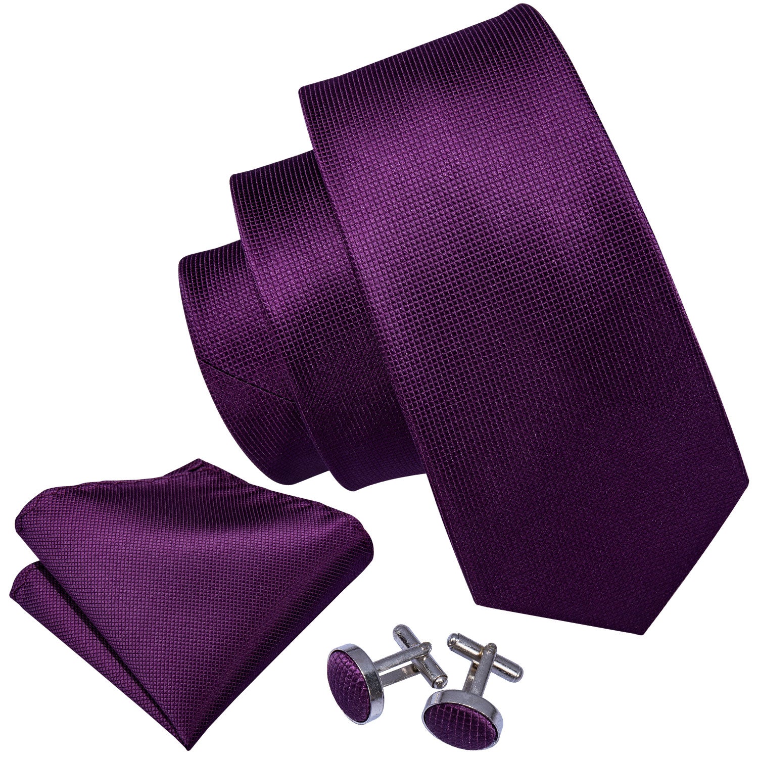 Dark Purple Mens Necktie Solid Tie Pocket Square Cufflinks Set