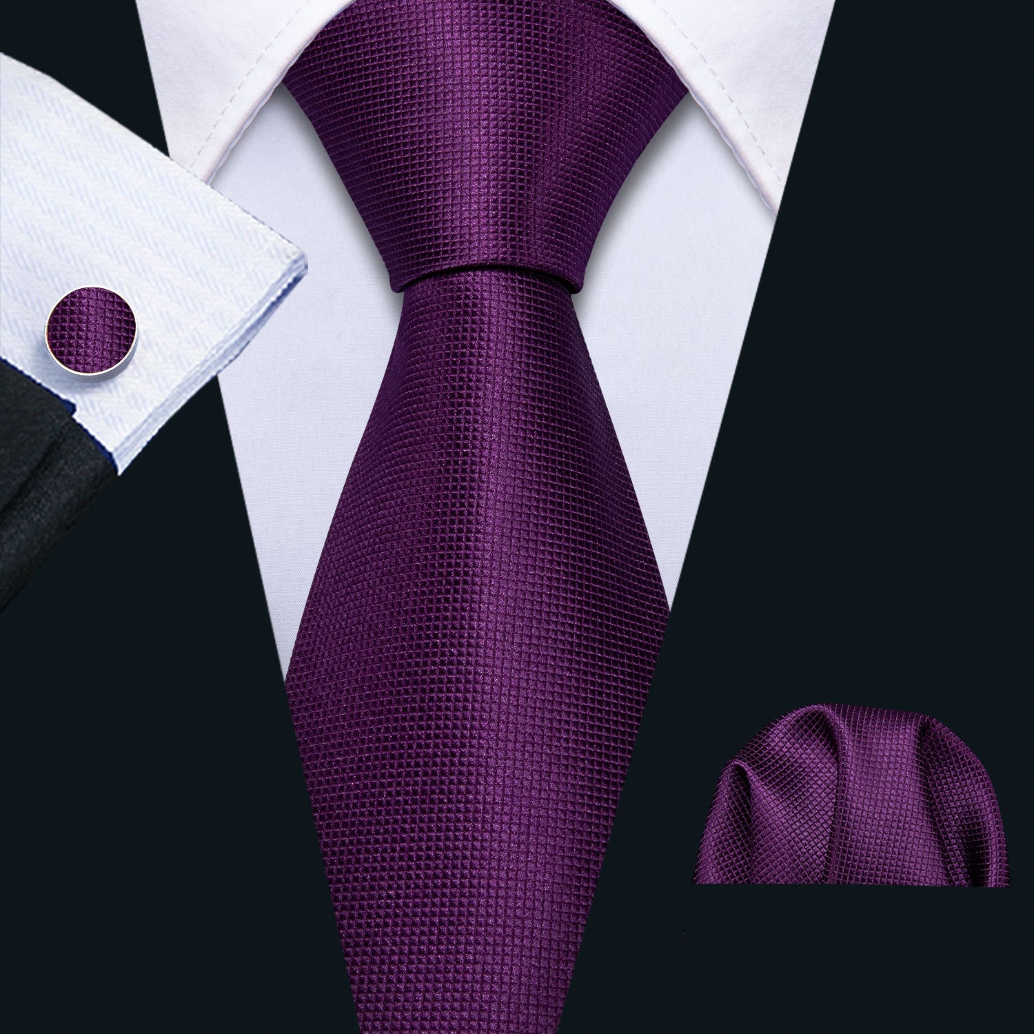 Dark Purple Mens Necktie Solid Tie Pocket Square Cufflinks Set