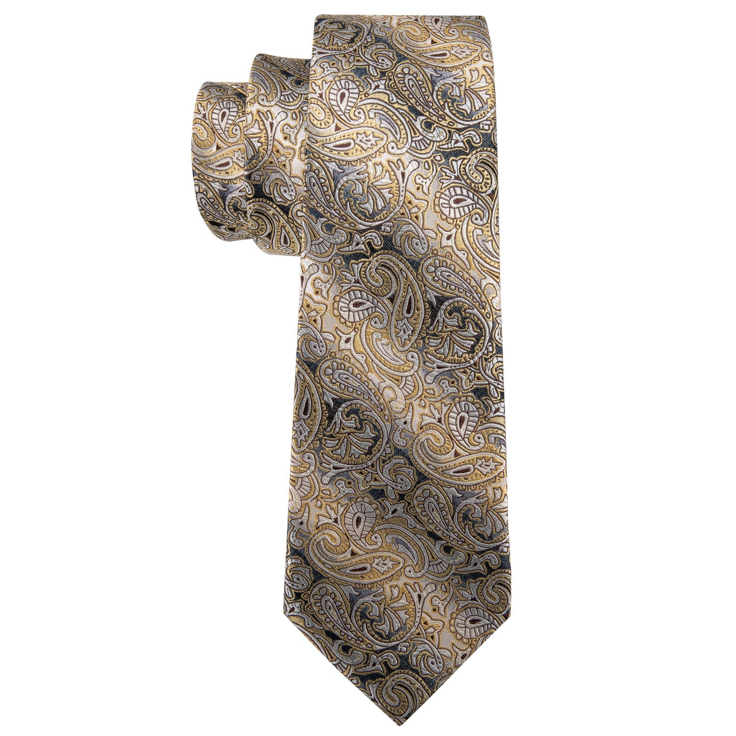  Men Necktie Yellow Grey Paisley Tie Pocket Square Cufflinks Set