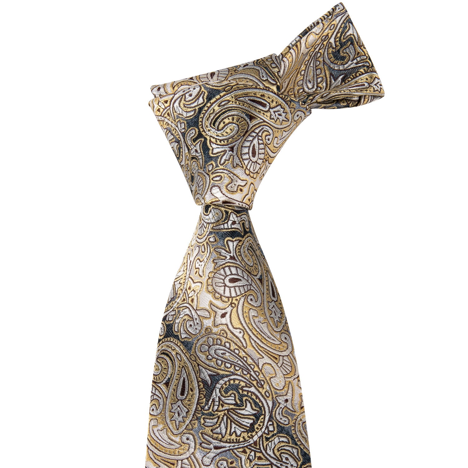  Men Necktie Yellow Grey Paisley Tie Pocket Square Cufflinks Set
