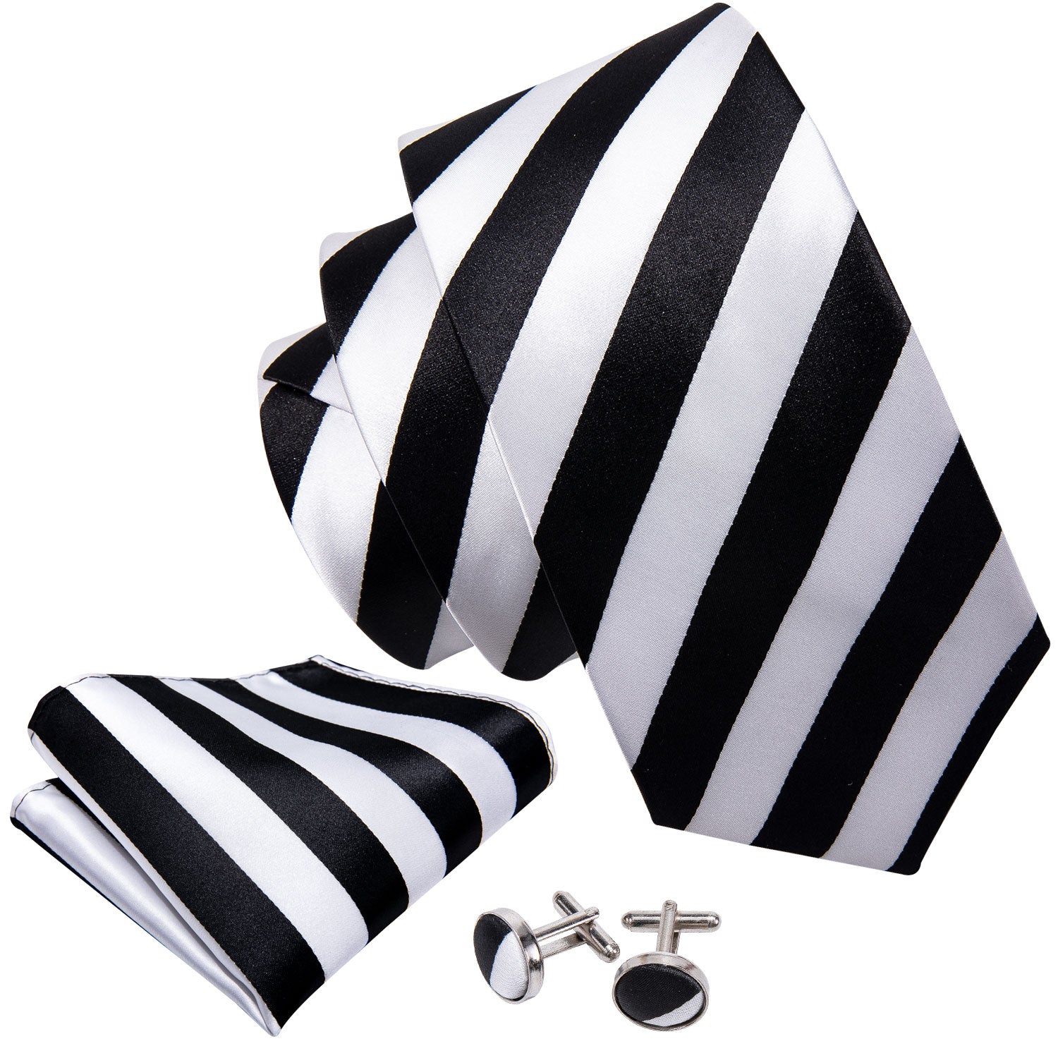 Black White Striped Men's Necktie Pocket Square Cufflinks Set