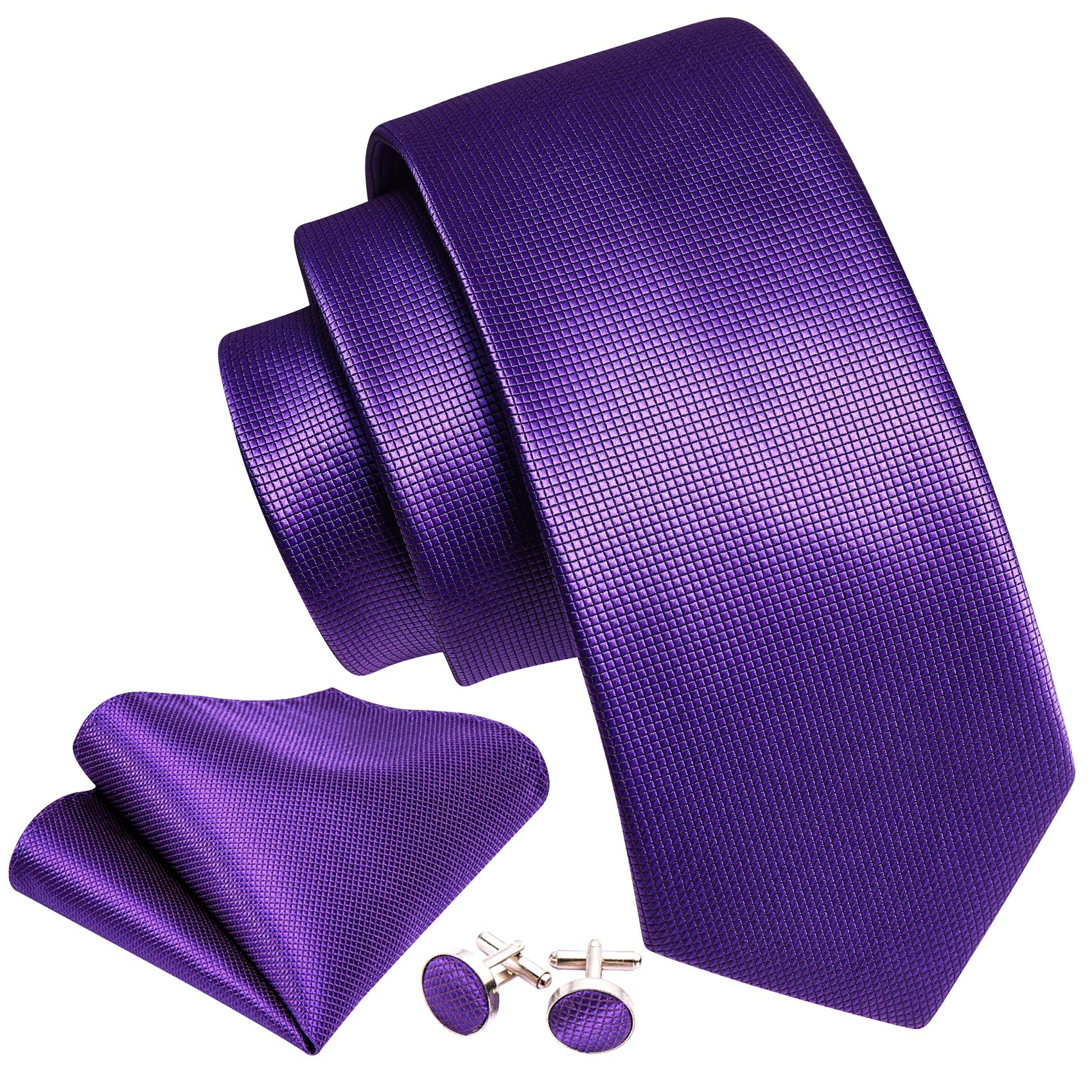 Purple Solid Tie Handkerchief Cufflinks Set with Wedding Brooch