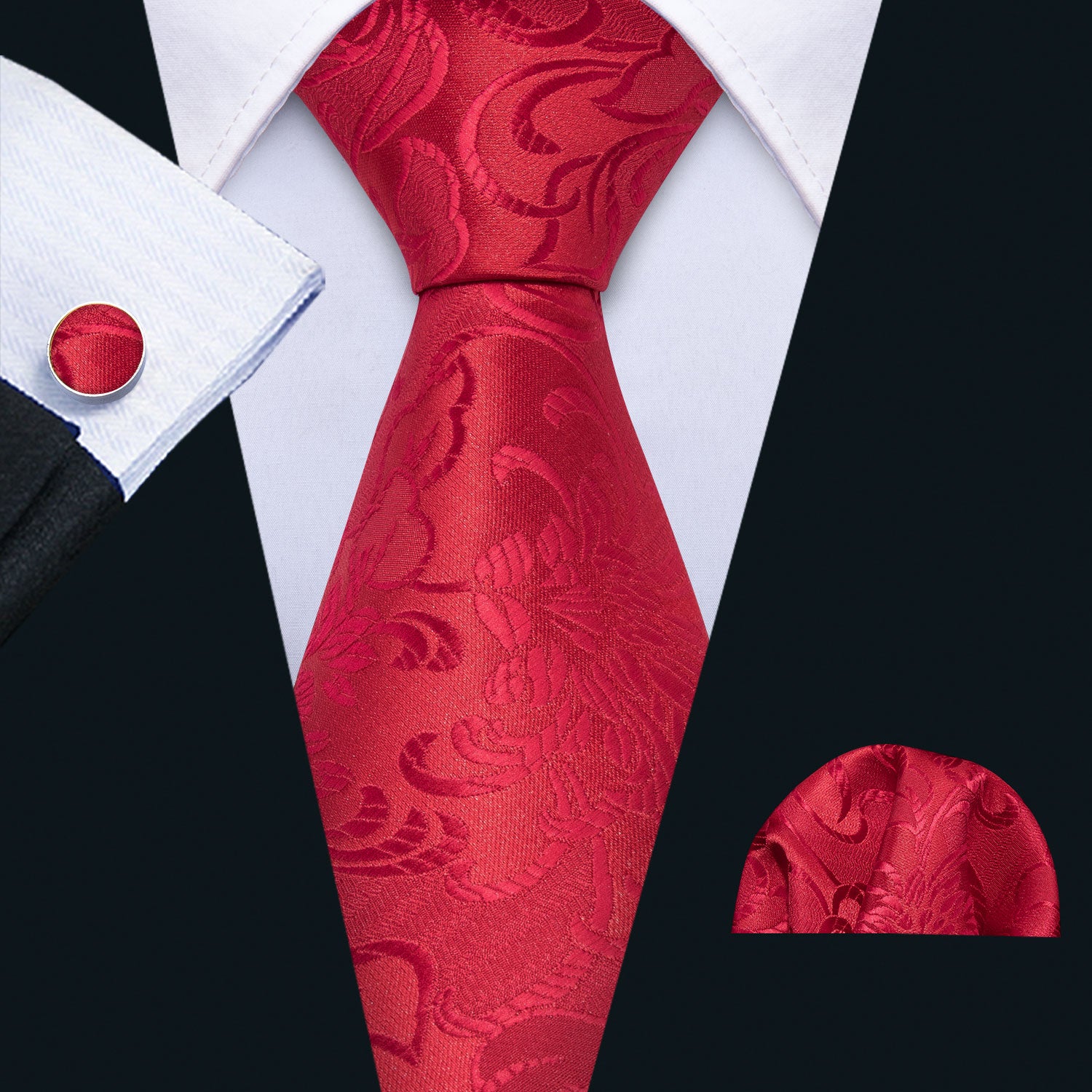 Red Necktie Wedding Red Floral Tie Pocket Square Cufflinks Set