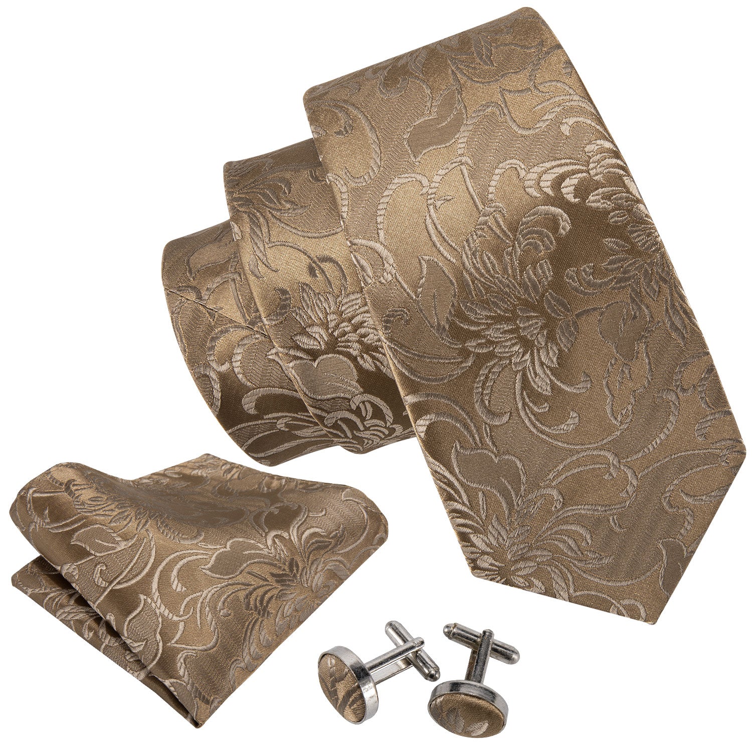  Champagne Gold Floral Men's Necktie Pocket Square Cufflinks Set