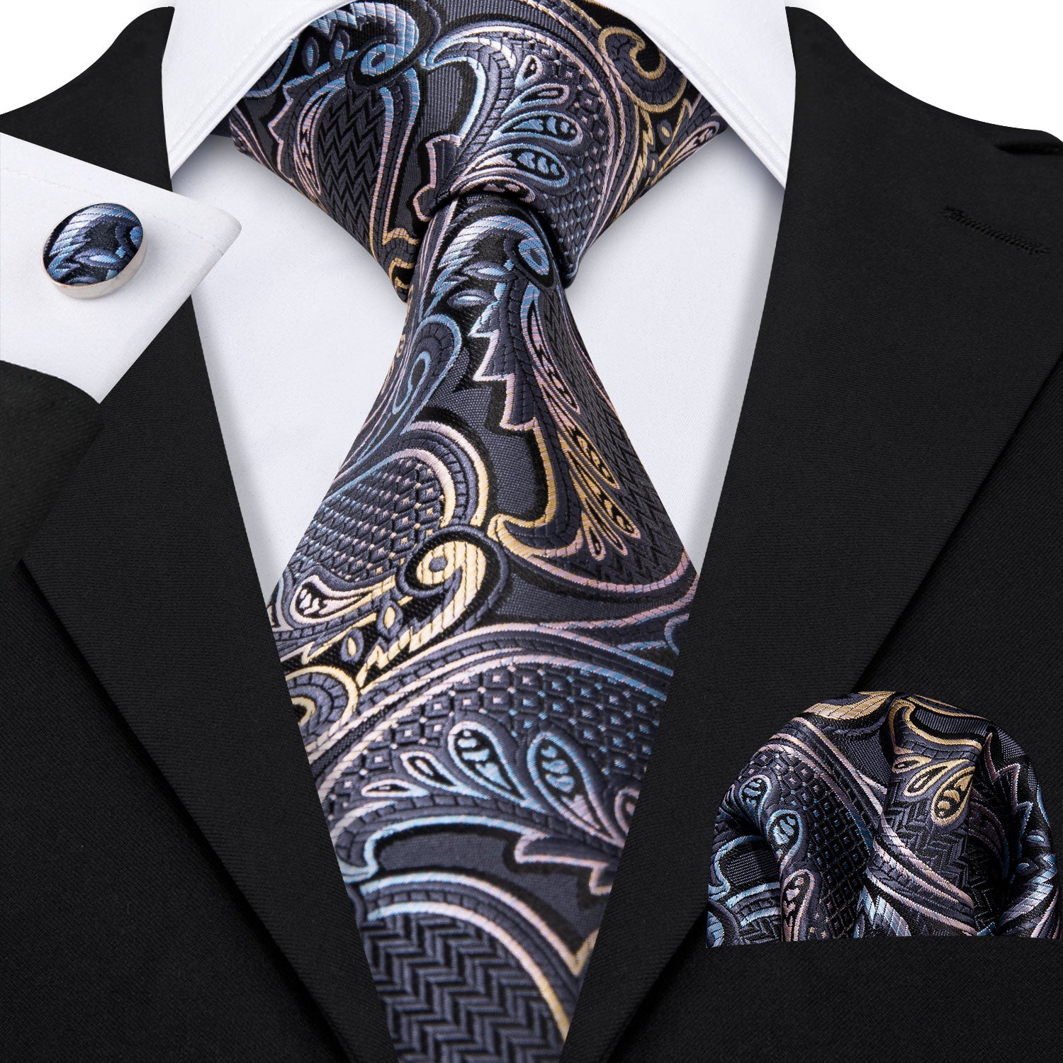 Silver Grey Paisley Silk Men's Tie Pocket Square Cufflinks Set