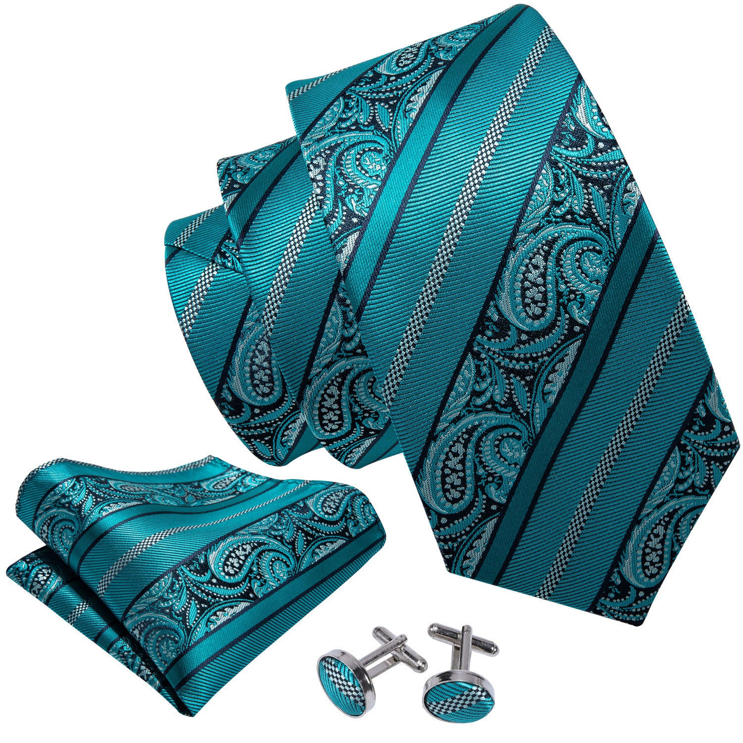 Cyan Blue Paisley Silk Men's Tie Pocket Square Cufflinks Set