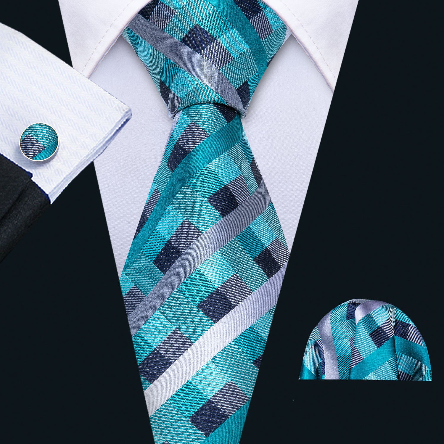 Beautiful Plaid Checkered Necktie Pocket Square Cufflinks Set