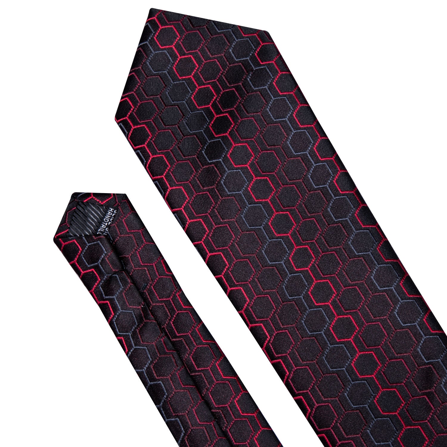 Hi-Tie Black Red Geometric Plaid Silk Tie Pocket Square Cufflinks Set