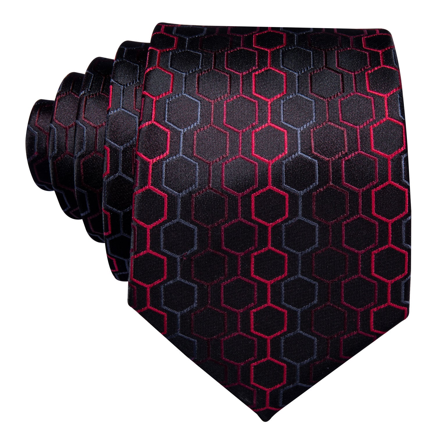 Hi-Tie Black Red Geometric Plaid Silk Tie Pocket Square Cufflinks Set