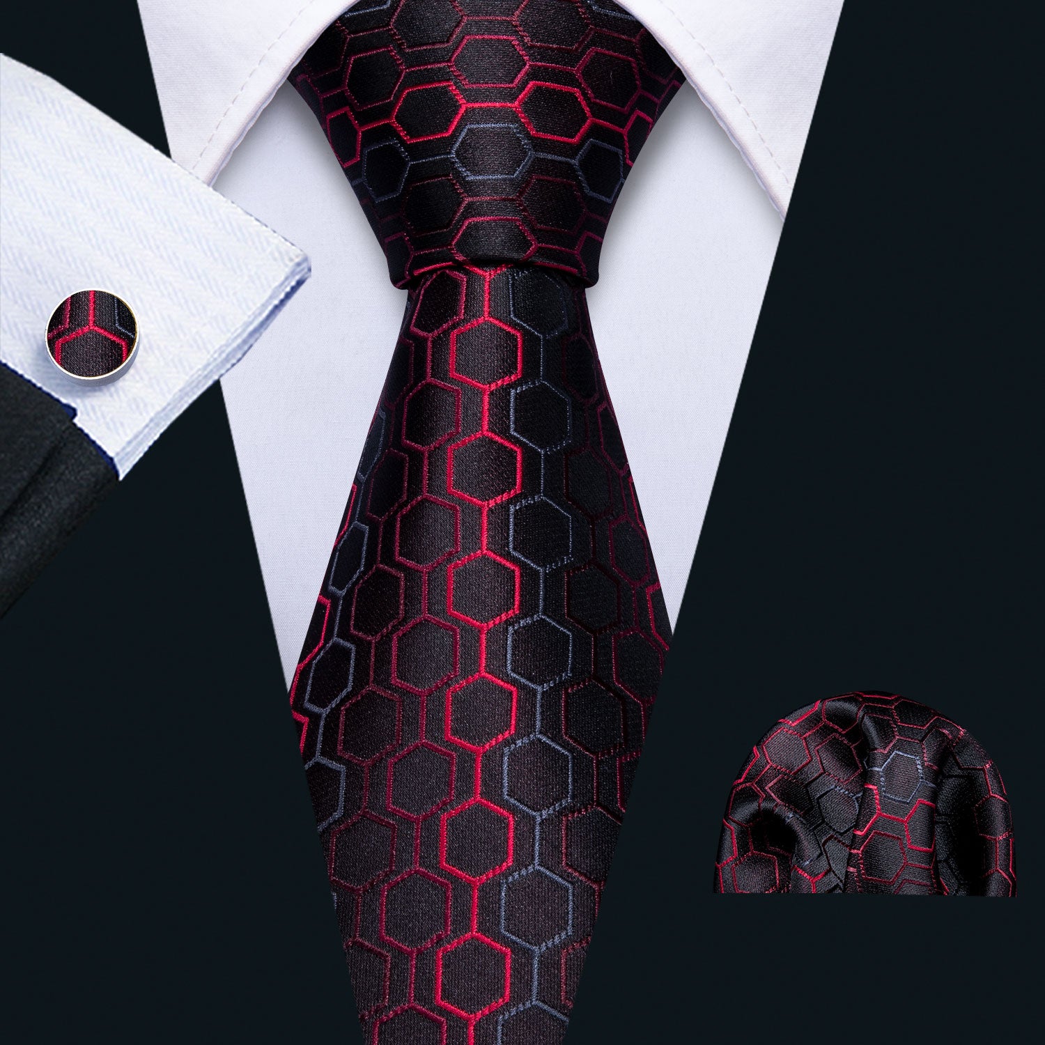 Hi-Tie Black Red Geometric Plaid Silk Tie Pocket Square Cufflinks Set