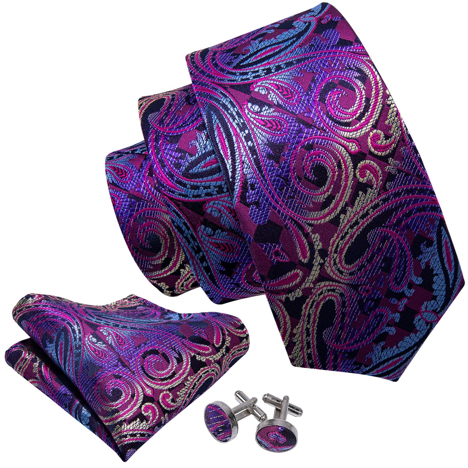 Hi-Tie Blue Purple Paisley Silk Men's Tie Pocket Square Cufflinks Set