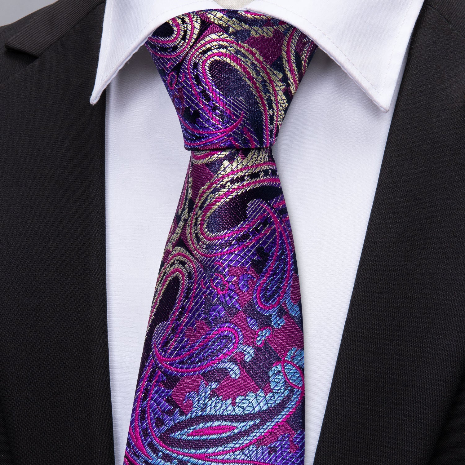 Hi-Tie Blue Purple Paisley Silk Men's Tie Pocket Square Cufflinks Set