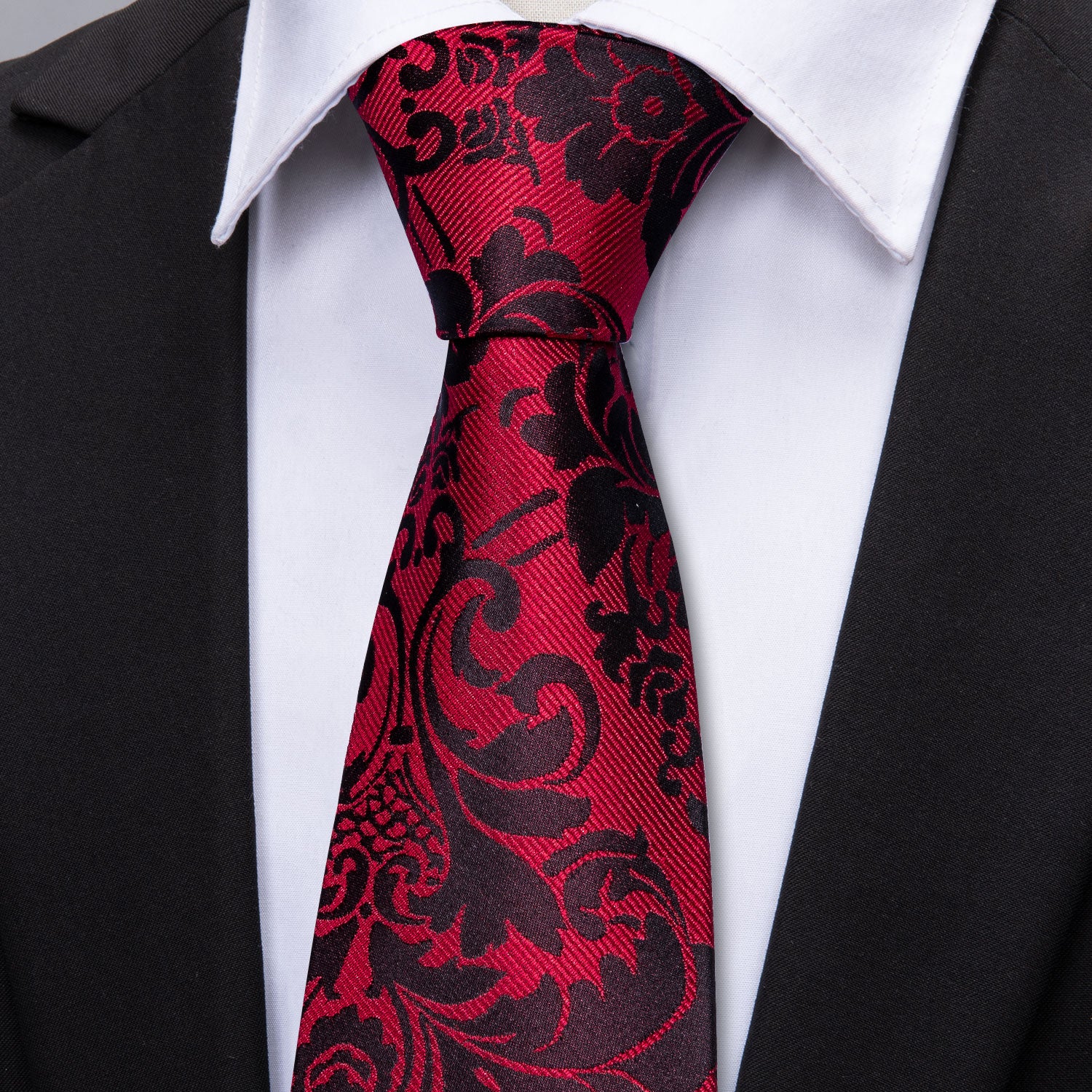  Red Necktie Black Floral Men's Tie Pocket Square Cufflinks Set