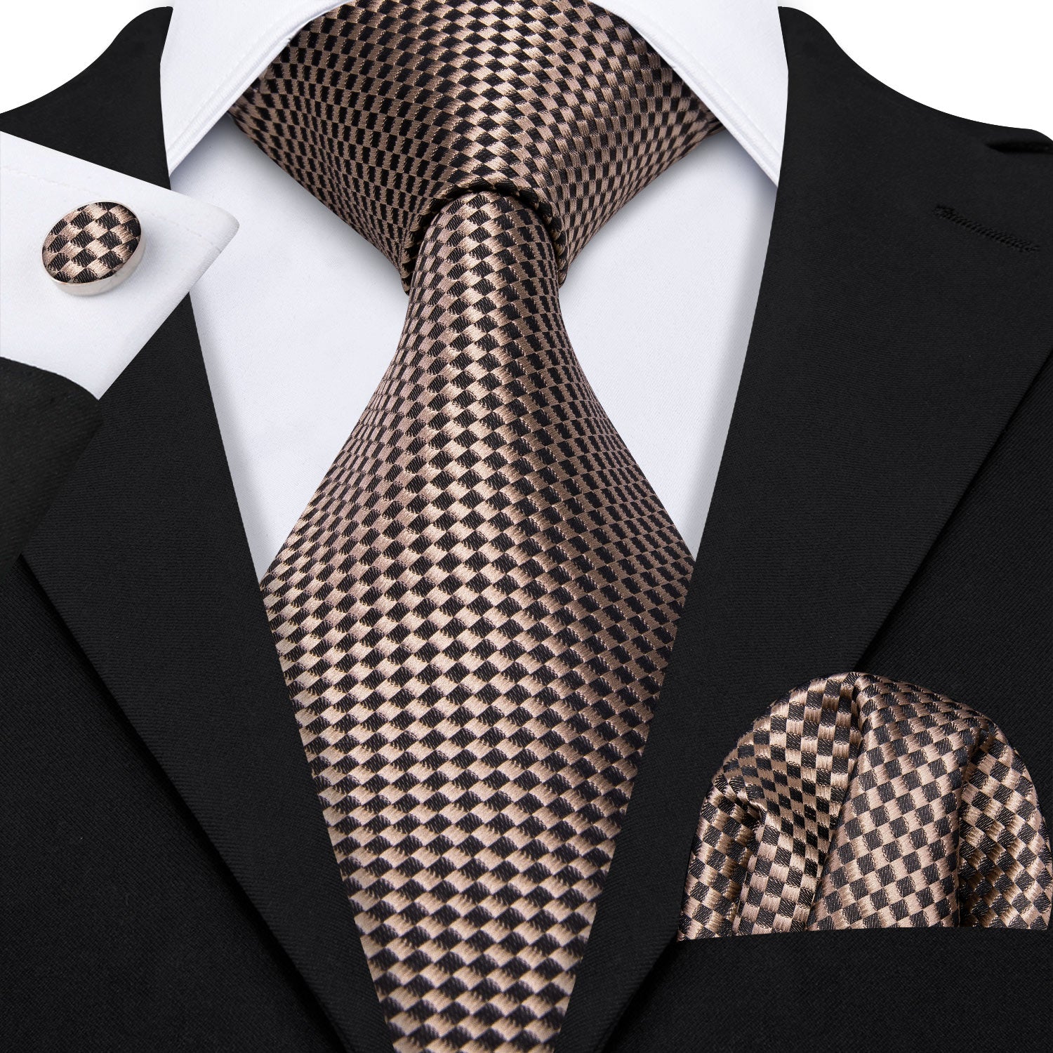 Champagne Brown Plaid Men's Necktie Pocket Square Cufflinks Set