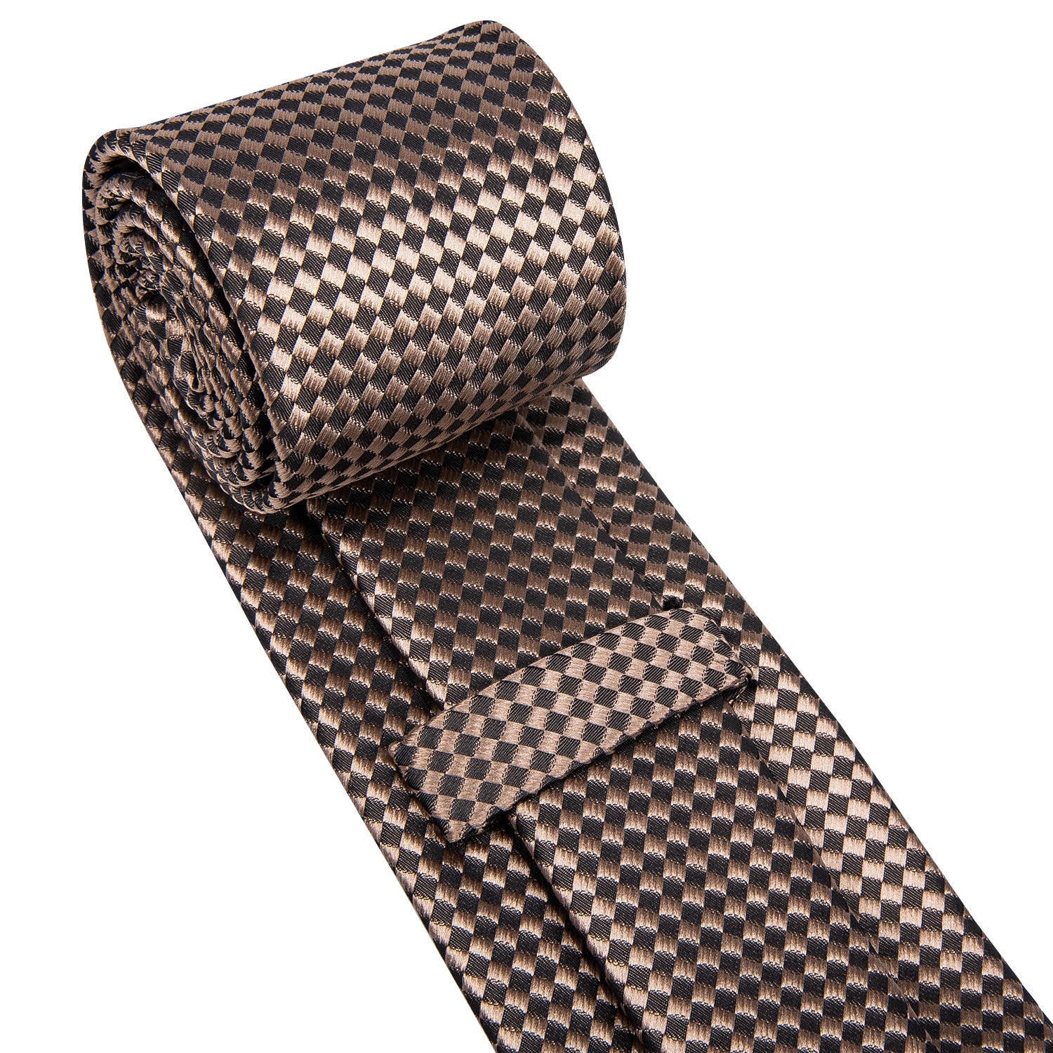 Champagne Brown Plaid Men's Necktie Pocket Square Cufflinks Set