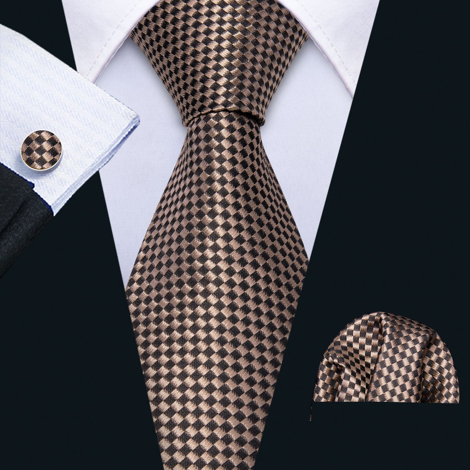 Champagne Brown Plaid Men's Necktie Pocket Square Cufflinks Set