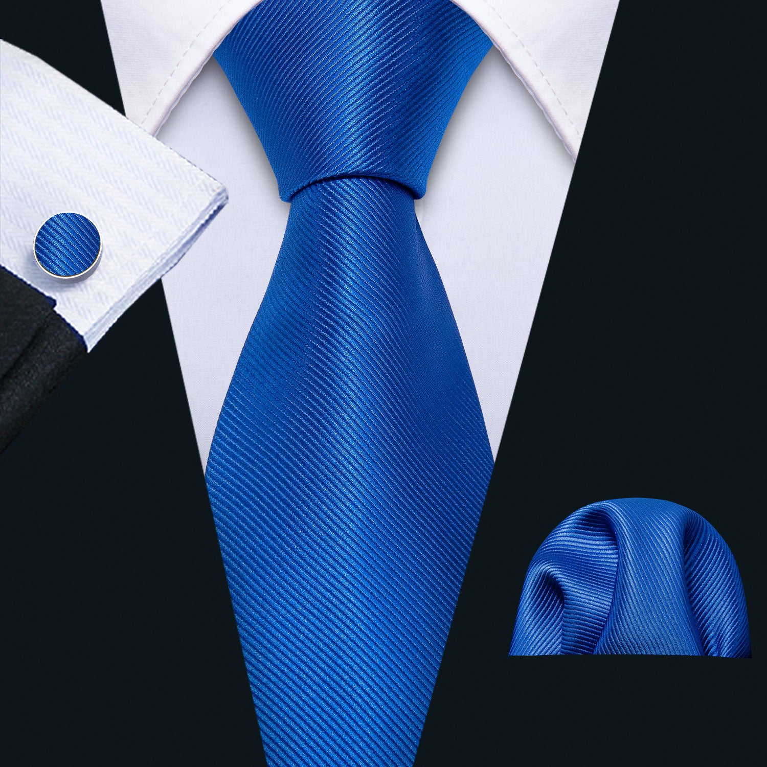 Classic Blue Solid Silk Men's Tie Pocket Square Cufflinks Set