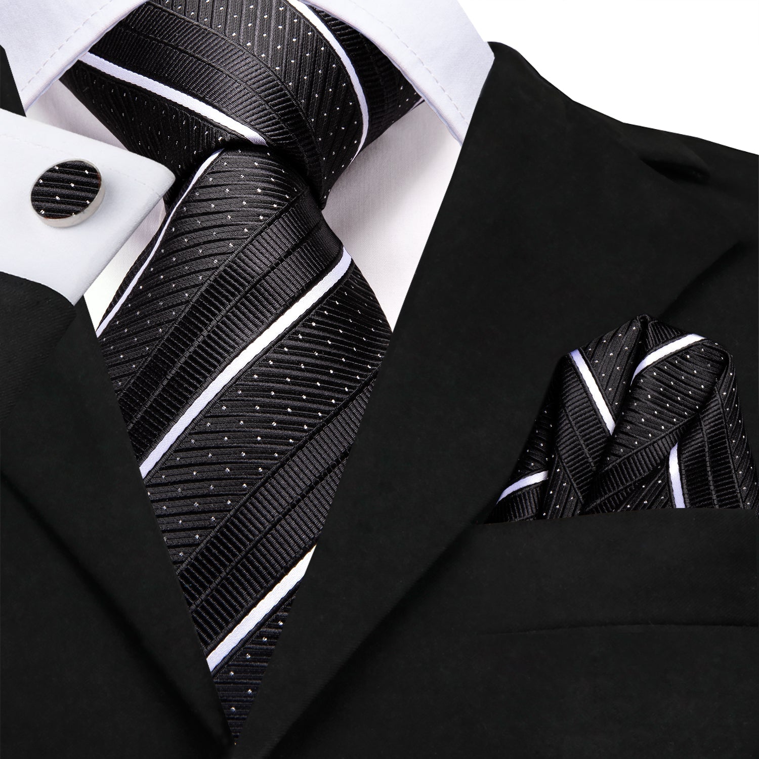 Black Strip with White Dot 67 Inches Extra Long Necktie Pocket Square Cufflinks Set