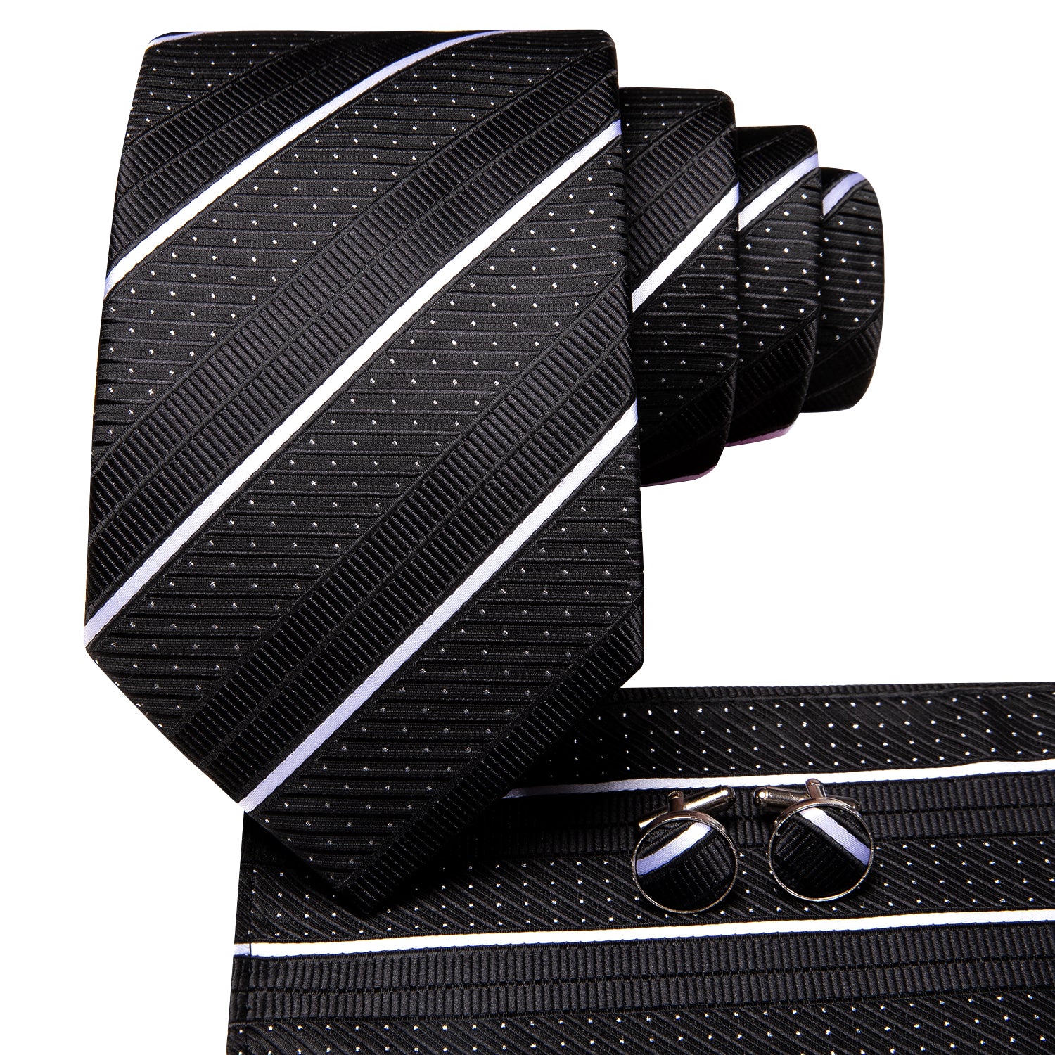 Hi-Tie Black Strip White Dots 67 " Necktie Pocket Square Cufflinks Set