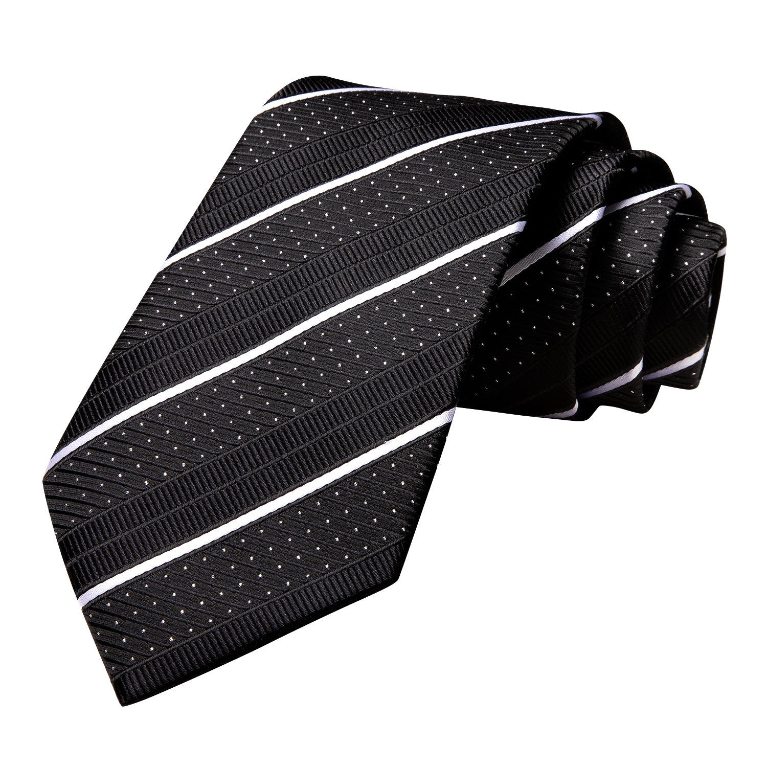 Hi-Tie Black Strip White Dots 67 " Necktie Pocket Square Cufflinks Set