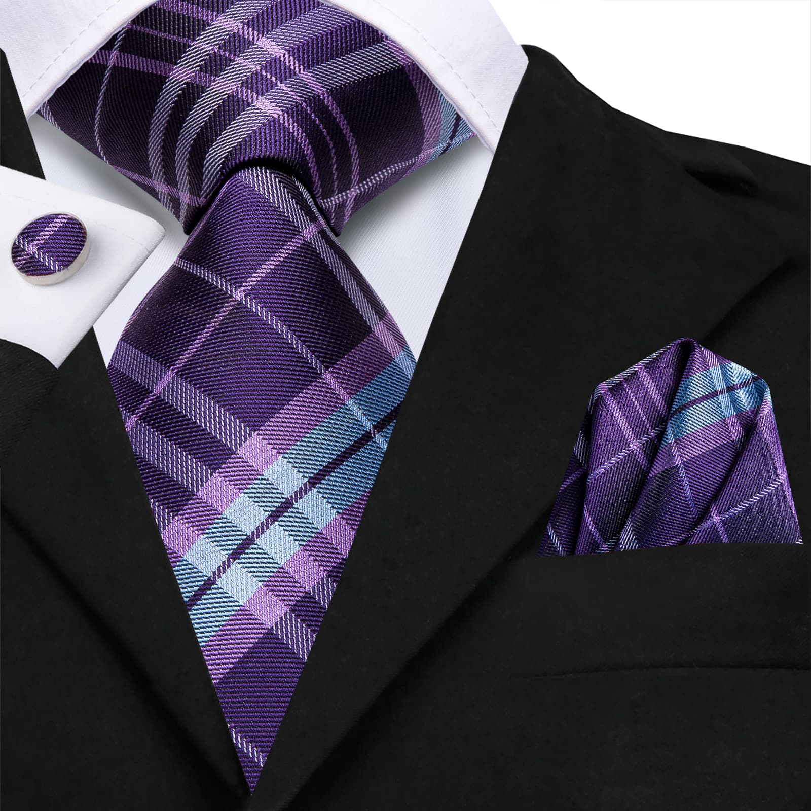 Purple Necktie Sky Blue Stripes Checkered Tie Hanky Cufflinks