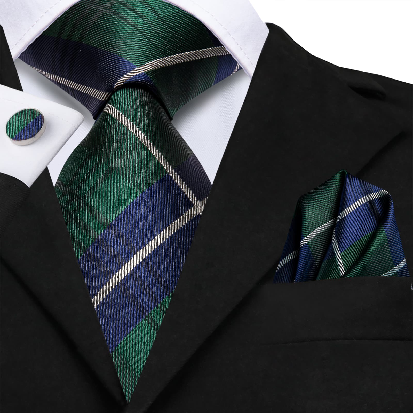 Green Necktie Blue White Stripes Checkered Tie Hanky Cufflinks