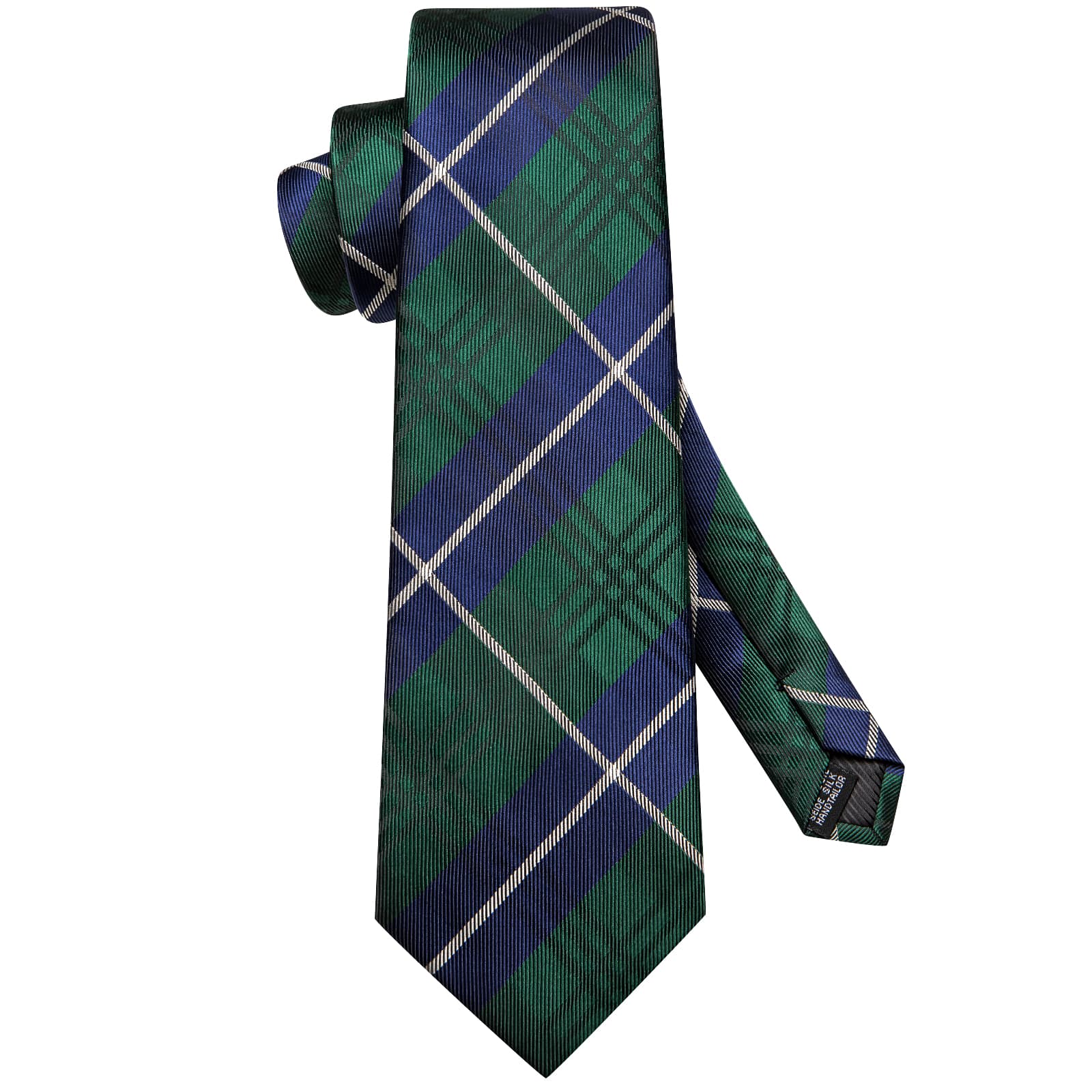 Green Necktie Blue White Stripes Checkered Tie Hanky Cufflinks