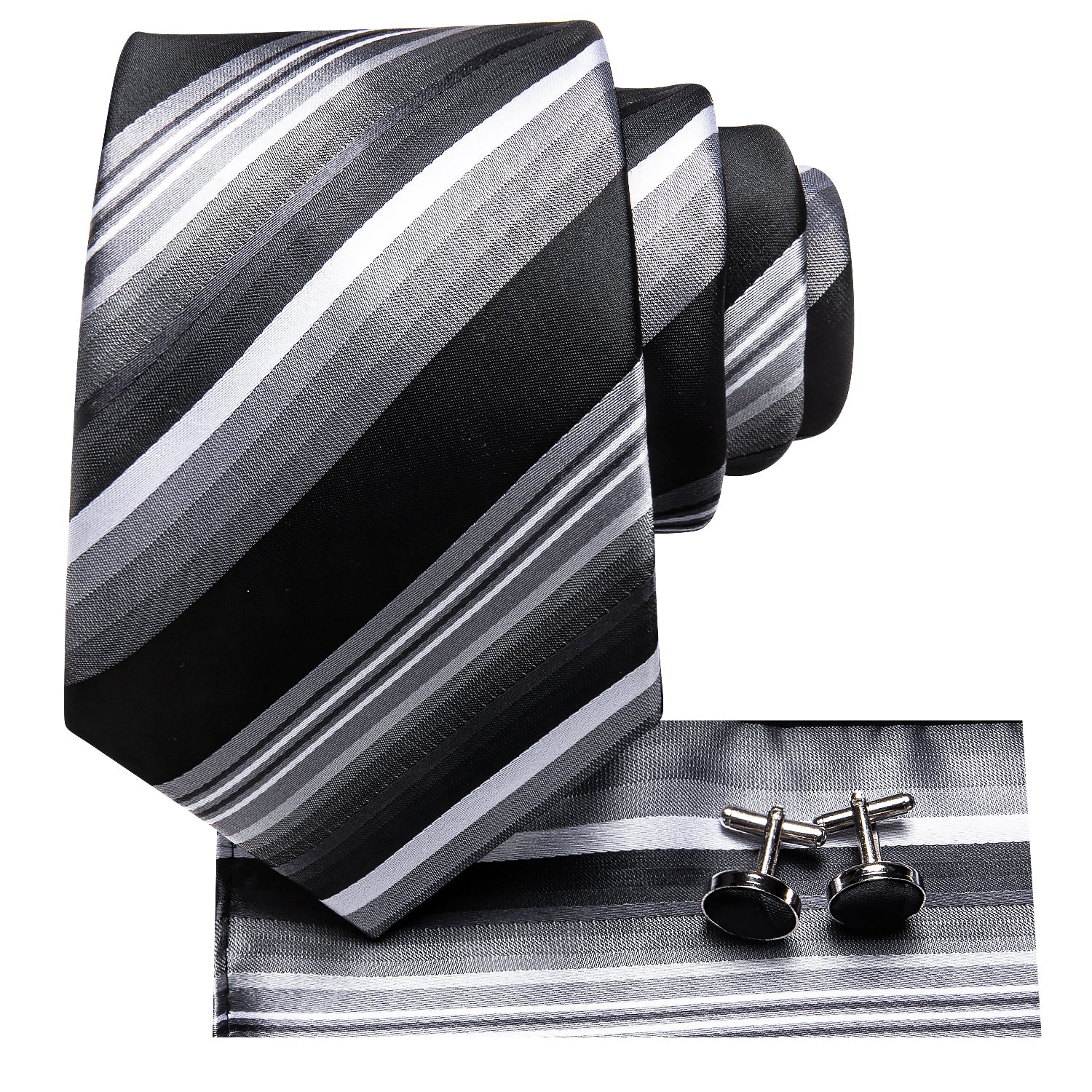  Black Grey Striped Silk Mens Tie Pocket Square Cufflinks Set