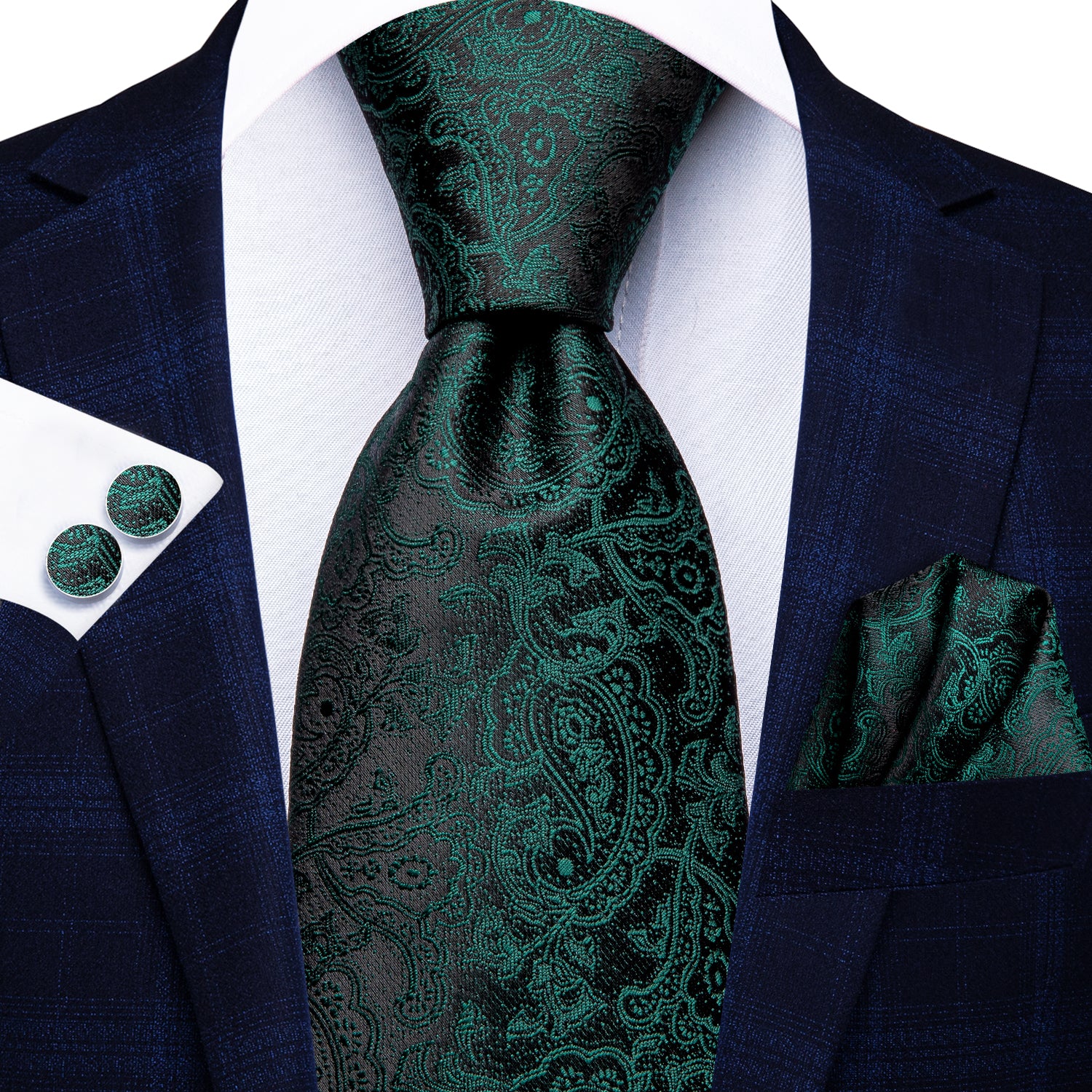 Dark Green Black Paisley Men's Tie Pocket Square Cufflinks Set