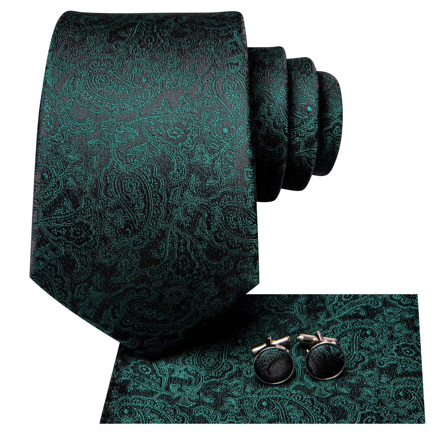 Dark Green Black Paisley Men's Tie Pocket Square Cufflinks Set