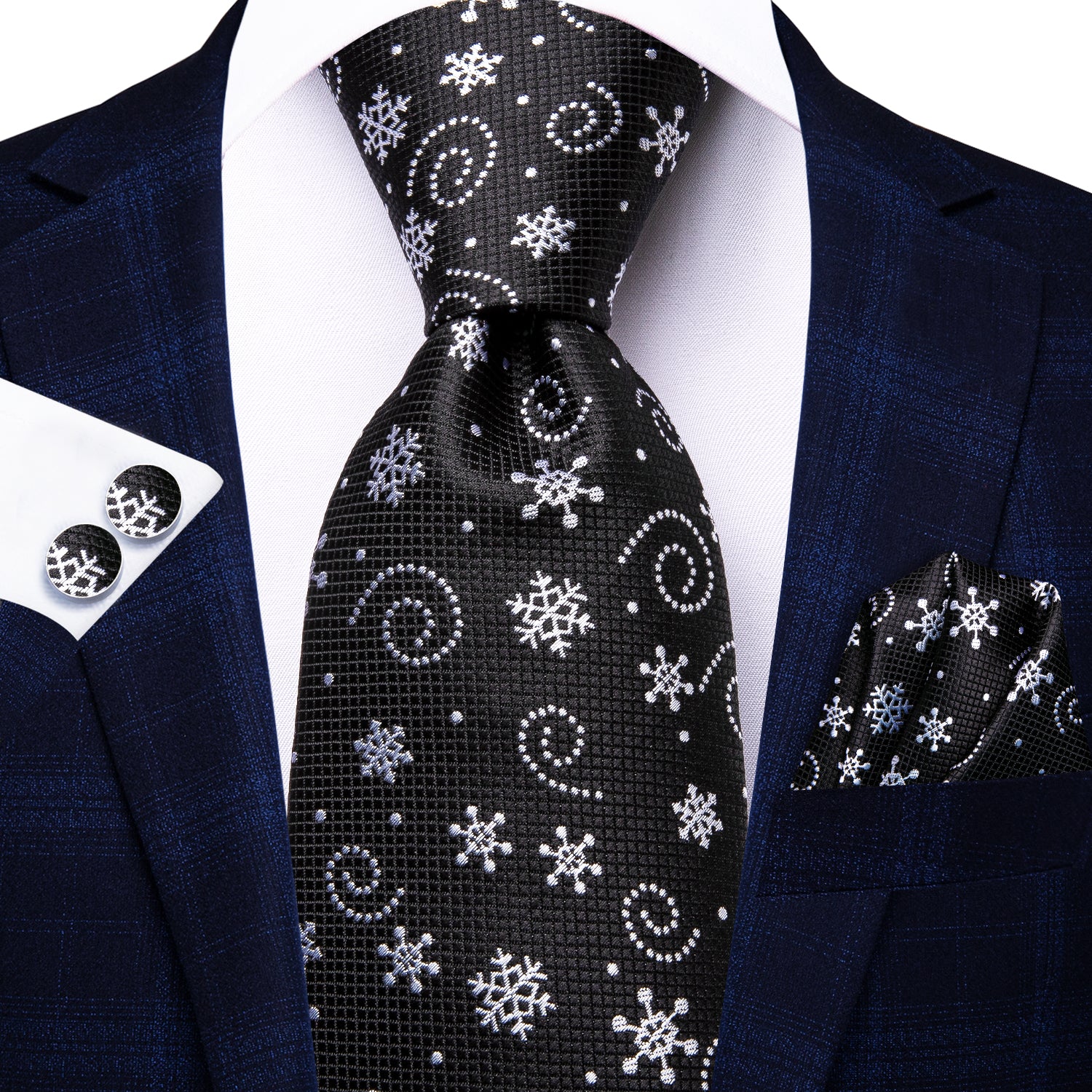  Black Necktie White Snowflake Tie Pocket Square Cufflinks Set