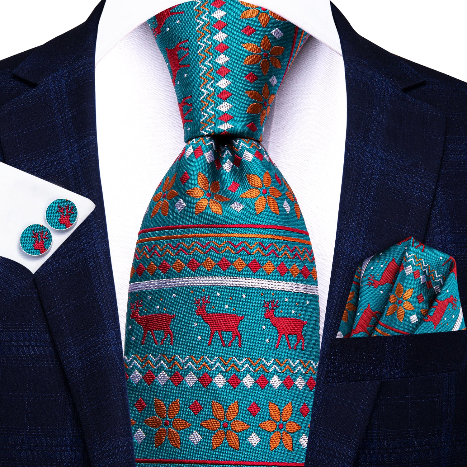 Teal Festival Necktie Red Orange Pattern Xmas Dinner Tie Set