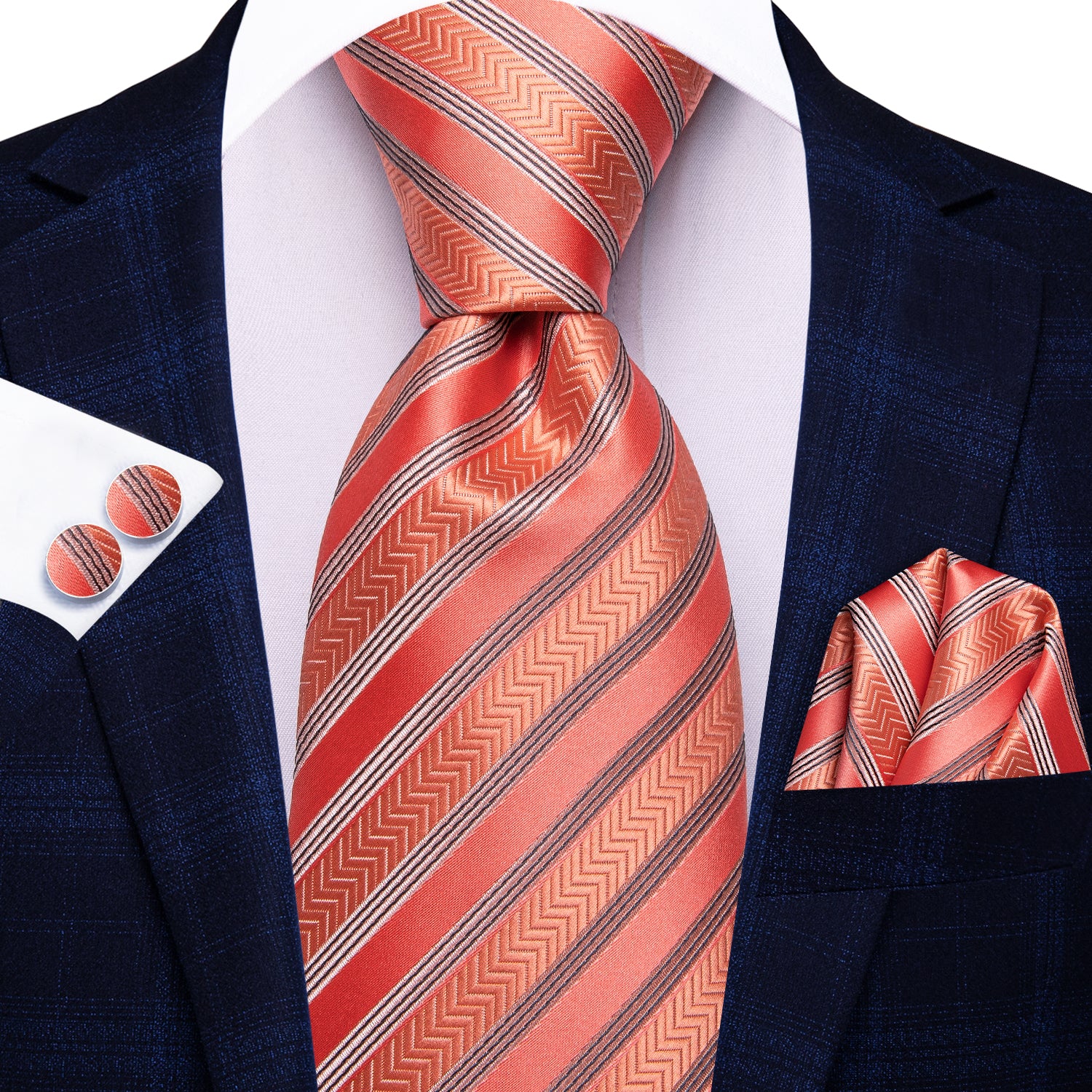 Tomato Orange Ties Grey Striped Tie Pocket Square Cufflinks Set