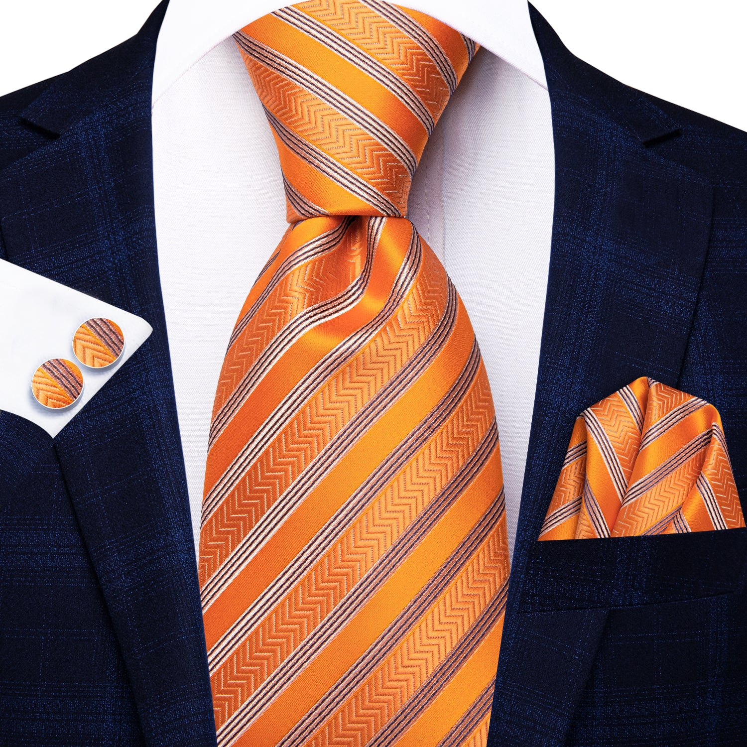 Orange Necktie Black Striped Tie Pocket Square Cufflinks Set