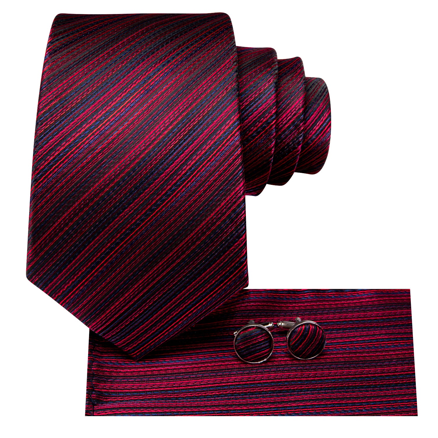 Hi-Tie Red Blue Slanting Line Men's Tie Pocket Square Cufflinks Set