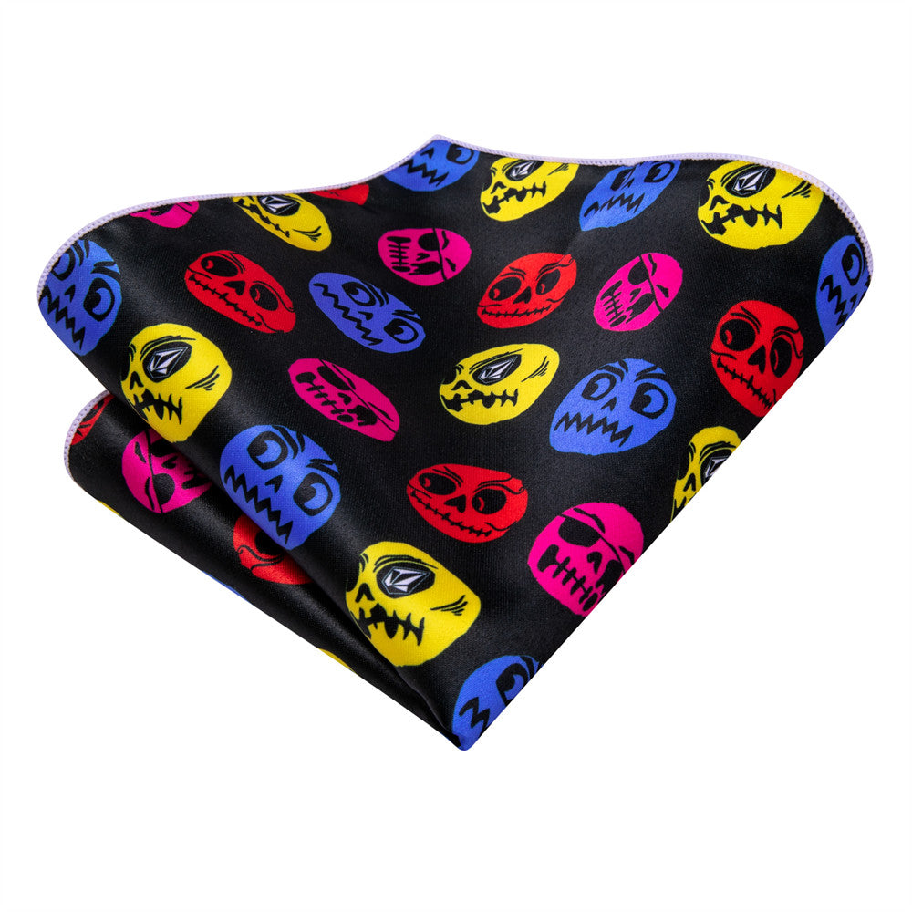 Hi-Tie Halloween Black Red Skull Necktie Pocket Square Cufflinks Set