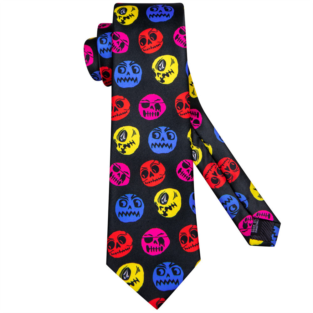 Hi-Tie Halloween Black Red Skull Necktie Pocket Square Cufflinks Set