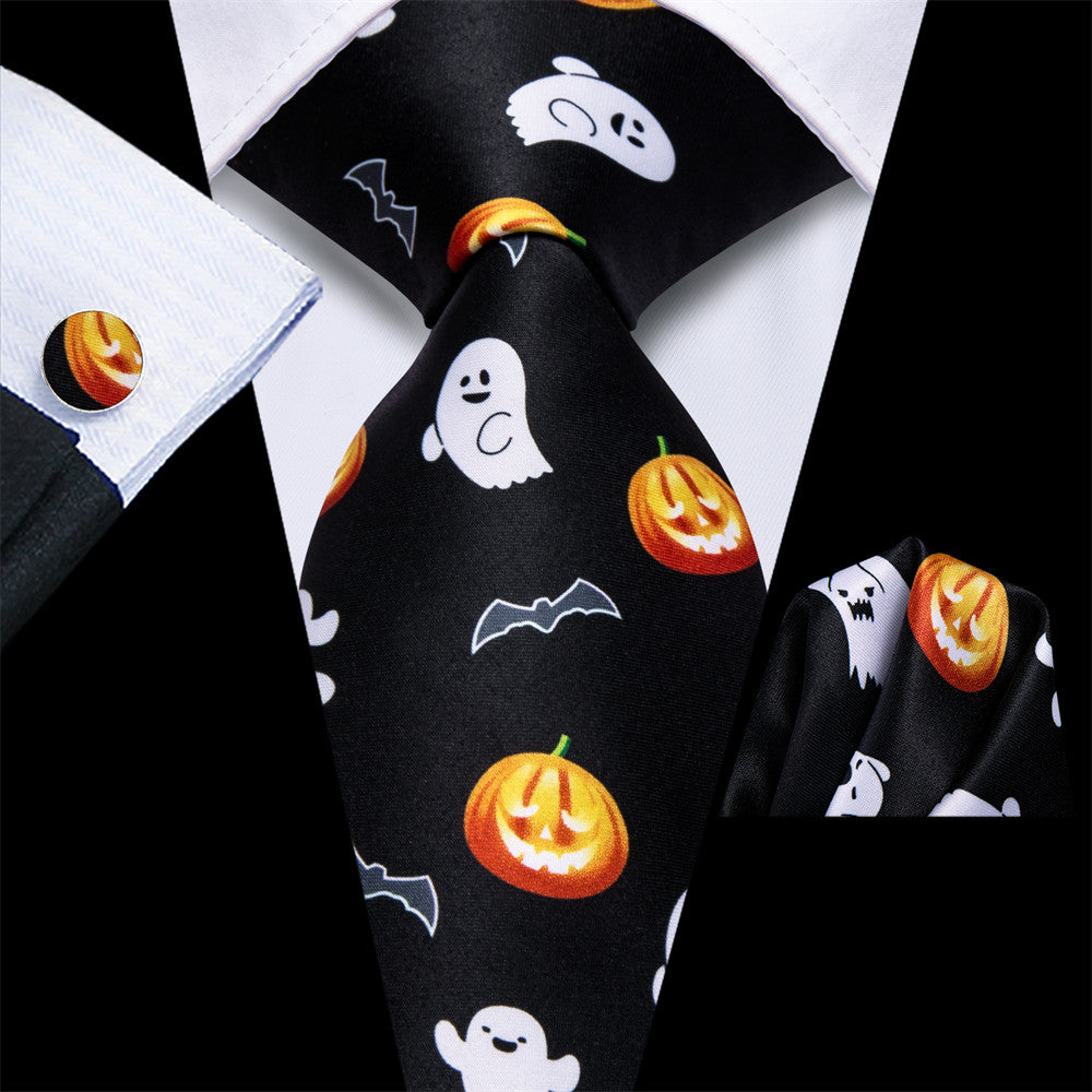 Hi-Tie Halloween Black Orange Ghost and Pumpkin Light Necktie Pocket Square Cufflinks Set