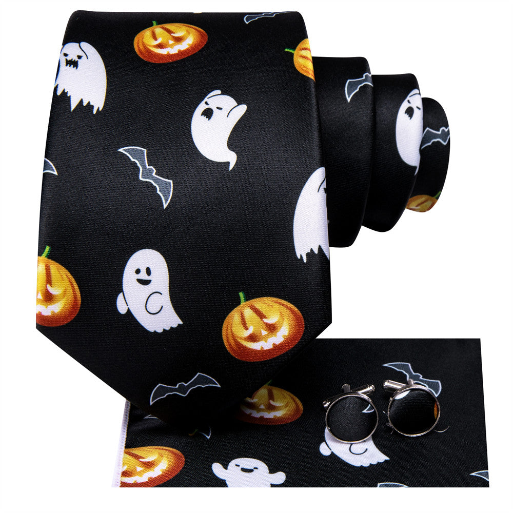 Hi-Tie Halloween Black Orange Ghost and Pumpkin Light Necktie Pocket Square Cufflinks Set