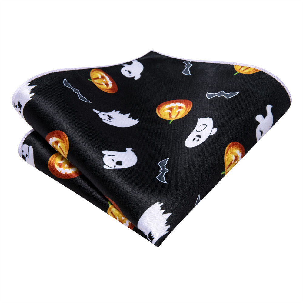 Hi-Tie Halloween Black Orange Ghost and Pumpkin Light Necktie Pocket Square Cufflinks Set