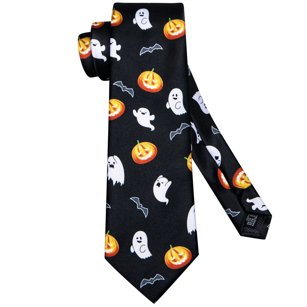 Hi-Tie Halloween Black Orange Ghost and Pumpkin Light Necktie Pocket Square Cufflinks Set