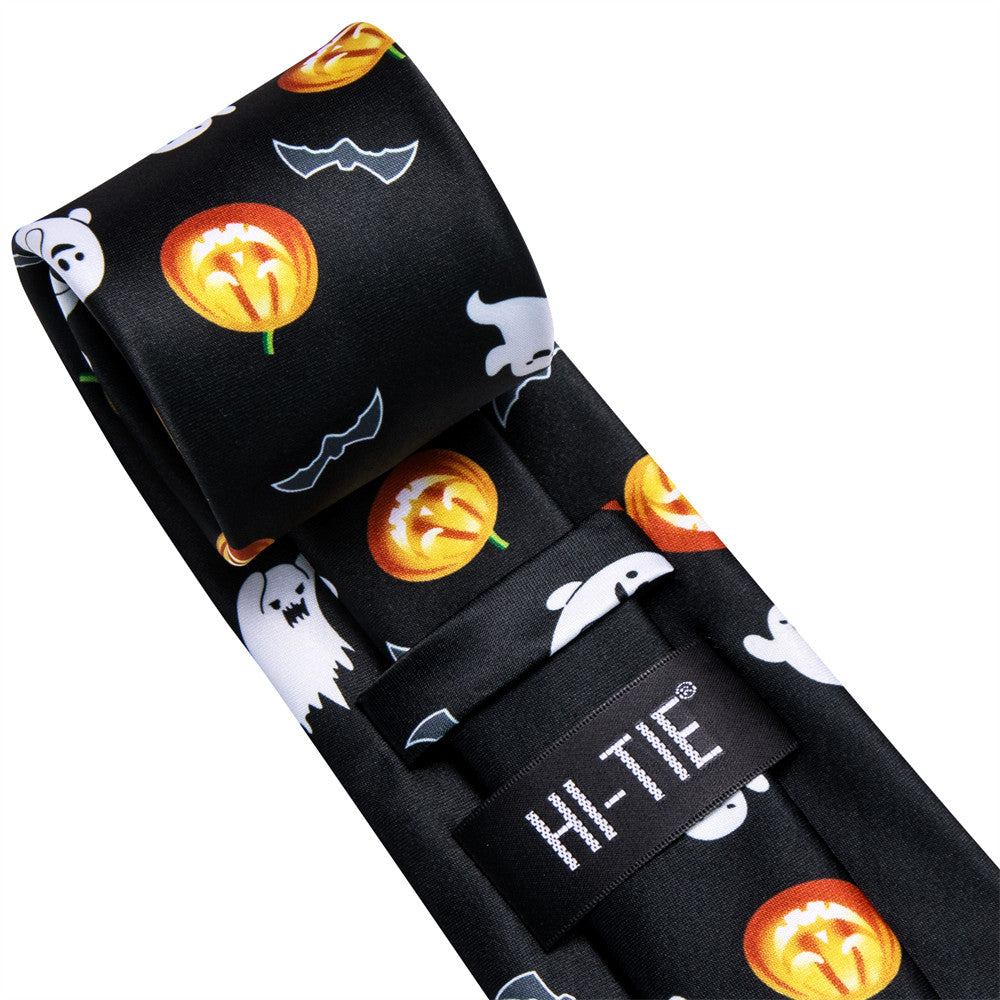 Hi-Tie Halloween Black Orange Ghost and Pumpkin Light Necktie Pocket Square Cufflinks Set