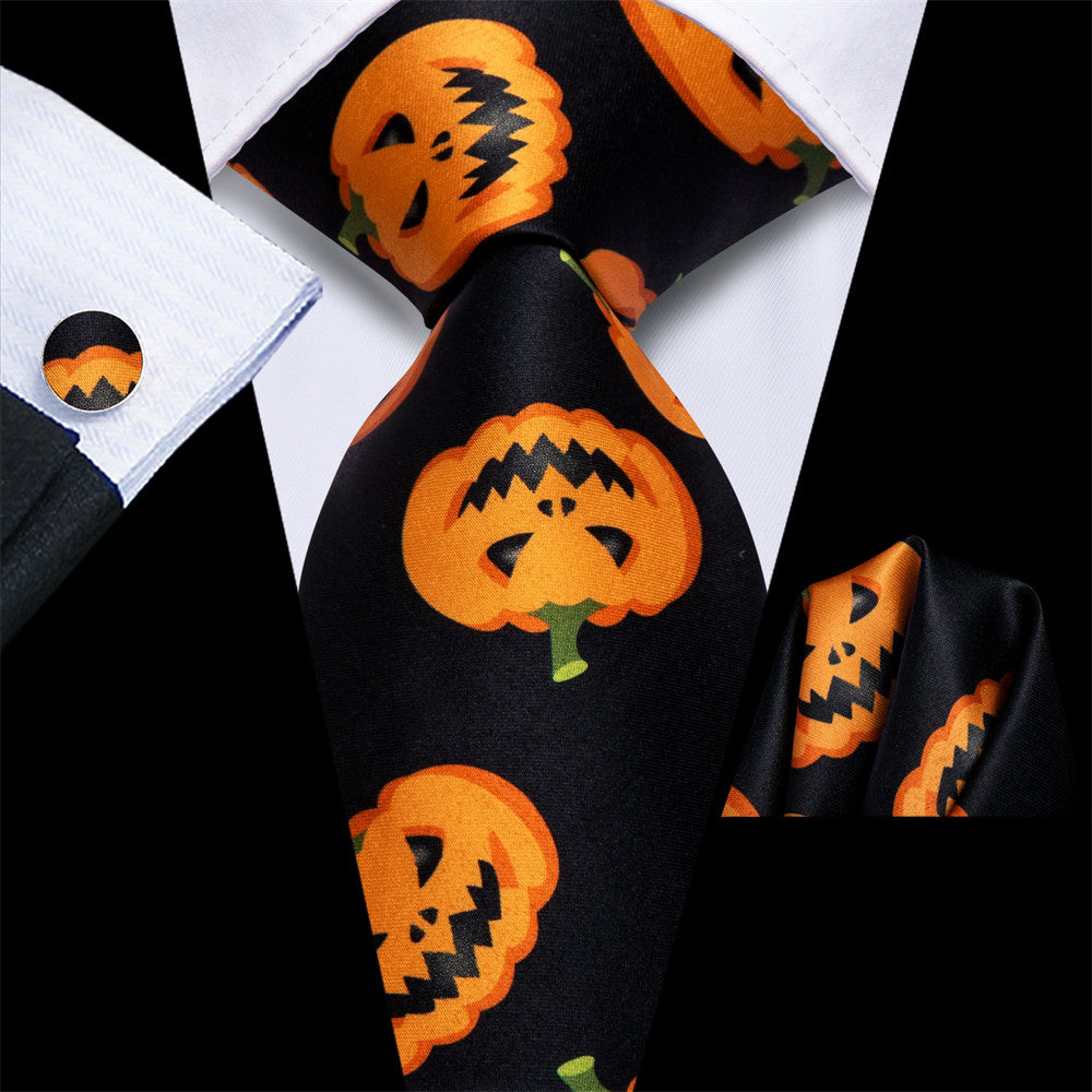 Hi-Tie Halloween Black Orange Jack-O-Lantern Necktie Pocket Square Cufflinks Set