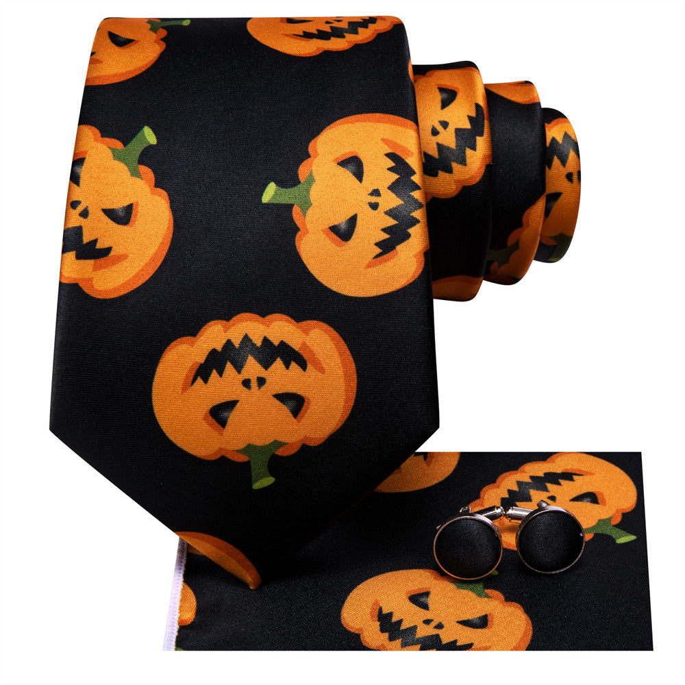 Hi-Tie Halloween Black Orange Jack-O-Lantern Necktie Pocket Square Cufflinks Set